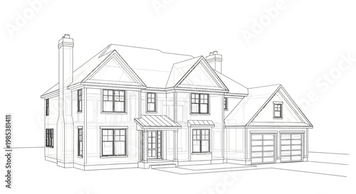 Architectural blueprint of a modern two-story house design with detailed elevations and measurements