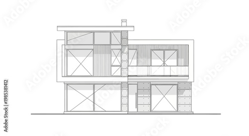 Vector blueprint illustration of a modern residential building, showcasing detailed architectural floor plans and an exterior elevation design. Essential graphic for construction projects