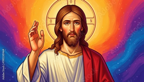 Radiant Figure of the Divine: A serene depiction of a central figure, emanating a sense of peace and wisdom, surrounded by an aura of vibrant colors.