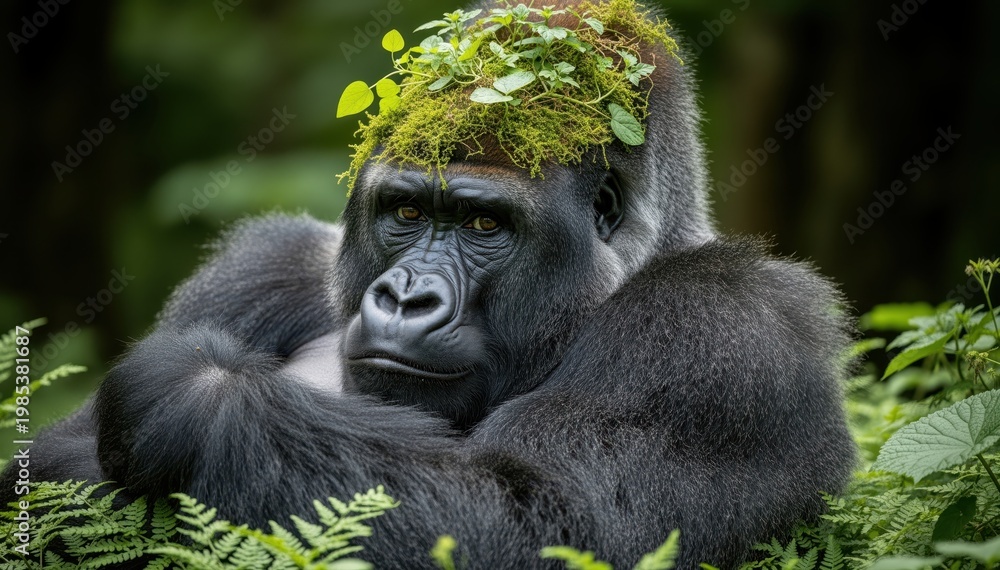 Fototapeta premium Regal Gorilla Portrait: A majestic silverback gorilla gazes with a captivating gaze from within the lush foliage, adorned with a natural crown of green vegetation.