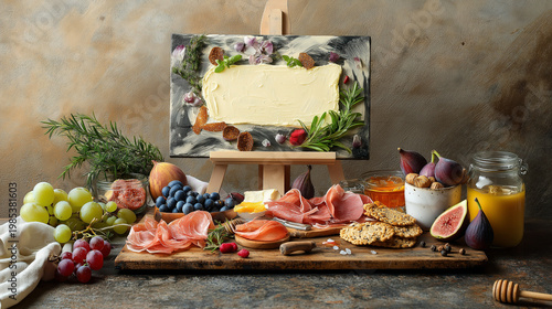 Butter on an easel, charcuterie board with French butter and spices, stylish food design trends