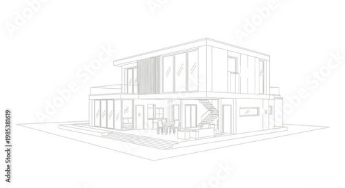 Contemporary Architectural Design of a Modern Two-Story House with Glass Facade and Outdoor Patio