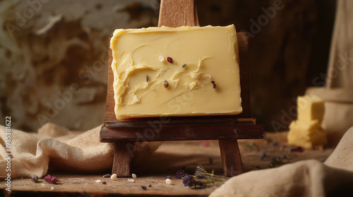 Butter on an easel, charcuterie board with French butter and spices, stylish food design trends