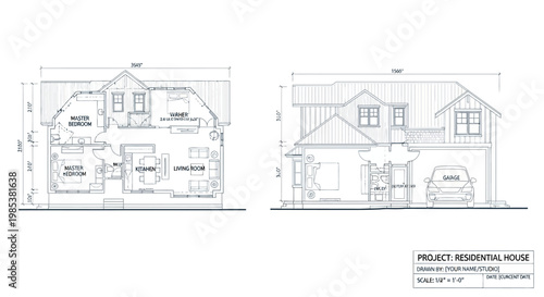 Architectural Floor Plan and Elevation of a Residential House with Garage and Garden Area