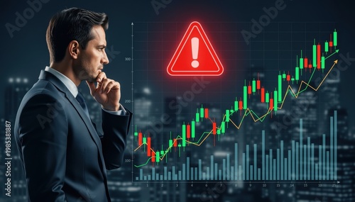 Market Risk Analysis: A focused professional observes a fluctuating stock chart with a warning symbol, symbolizing potential financial peril and the need for cautious decision-making.