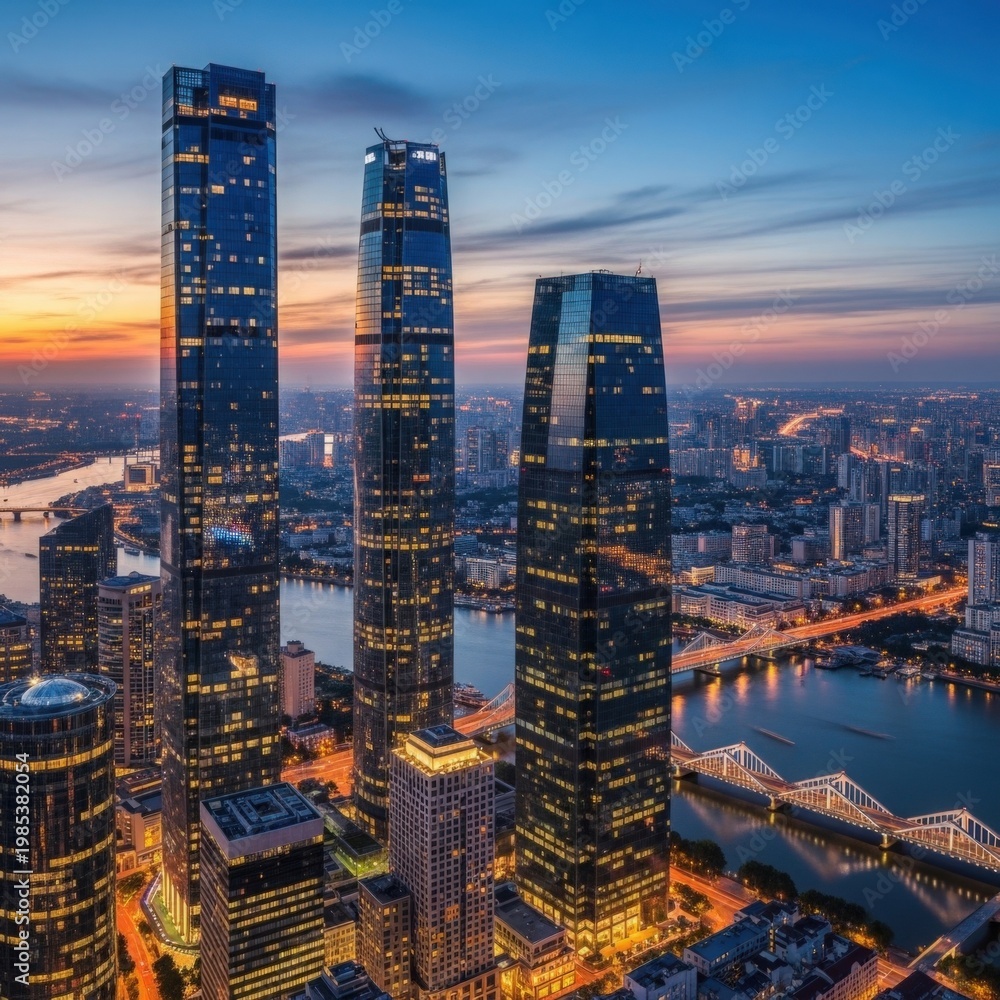 Obraz premium Stunning cityscape with modern skyscrapers at sunset