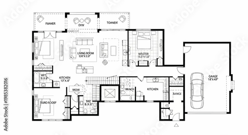 Architectural Floor Plan for a Spacious Modern Home with Multiple Bedrooms and an Attached Garage