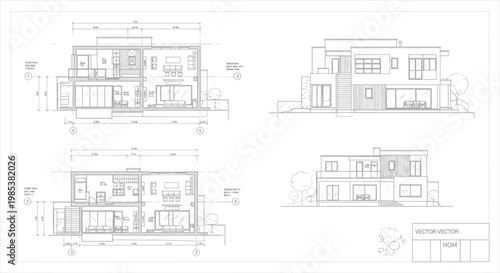 Architectural blueprints of a modern two-story house, showcasing elevation and sectional views for construction planning