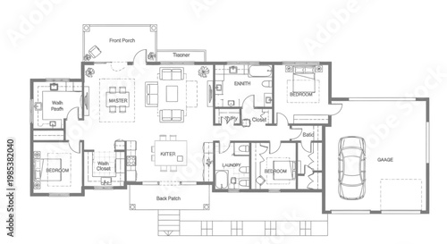Floor Plan of a Single-Family Home with Multiple Bedrooms and Garage
