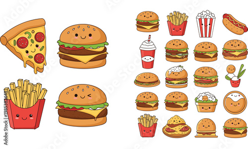 Cute fast food cartoon vector set with burgers, fries, pizza, popcorn, drinks and funny kawaii snack characters illustration collection