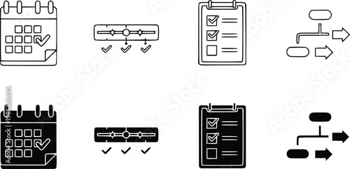 Hand-drawn business calendar, timeline, checklist, and flowchart diagrams