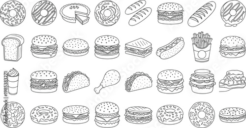 Fast food and bakery outline icon set with burgers, donuts, bread, fries, sandwiches and snacks detailed line vector illustration collection