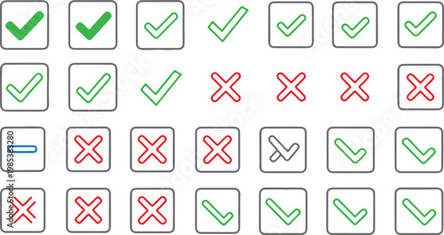 A vibrant collection of minimalist green check marks (ticks), red crosses (X), and blue minus indicators, featuring both boxed and standalone versions for diverse UI and list designs.