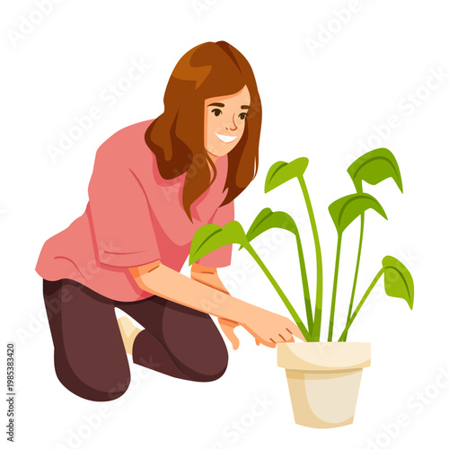 A woman tending a potted plant in flat style on white background, showing concept of home gardening and care. Vector illustration