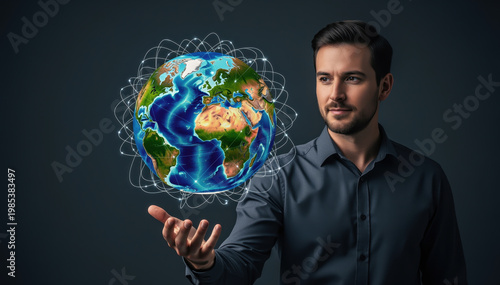 Global Connection in Hand: A sophisticated man embodies the essence of global interconnectedness, holding a miniature Earth within his grasp.