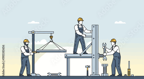 Skilled workers collaborate diligently on a construction project assembly line using heavy machinery and tools to build industrial components under a vast open sky symbolizing teamwork and