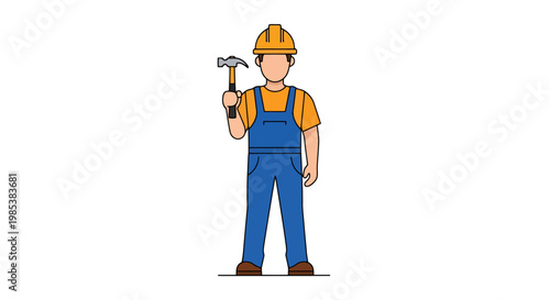 Skilled construction worker wearing a protective helmet and overalls holds a hammer ready for building and renovation projects representing labor and manual skill in residential or commercial