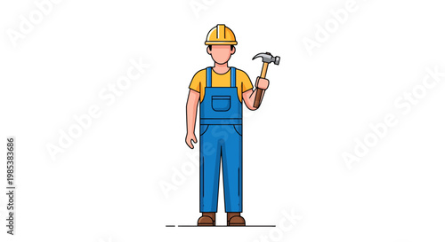 Skilled construction worker wearing protective hard hat and durable overalls holding a tool ready for building and repair tasks representing labor and professional handy person expertise for