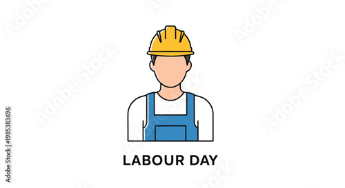 Worker wearing yellow hard hat and blue overalls icon representing labor day and skilled trade professionals celebrating industrial progress and construction industry achievements