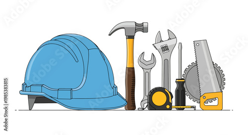 Collection of building and repair implements including a hard hat hammer wrenches saw screwdriver and measuring tape arranged together for construction and maintenance projects
