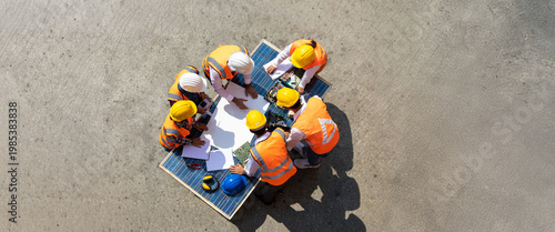 Ethnic diversity worker people, Success teamwork. Group of professional engineering people wearing hardhat safety helmet meeting with solar photovoltaic panels discussion in new project
