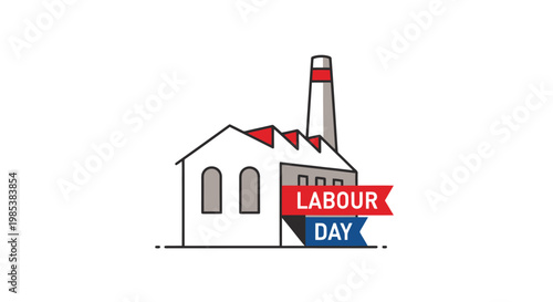 Building representing industrial work and manufacturing with festive ribbons celebrating Labor Day and acknowledging worker contributions and employment