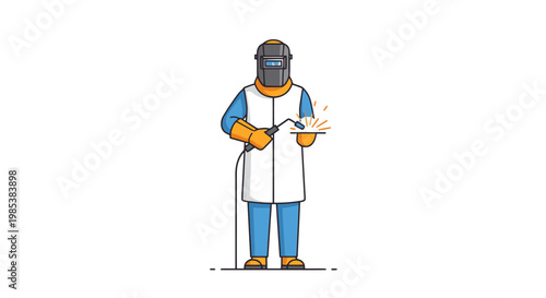 Skilled craftsperson wearing protective gear and helmet engages in metal fabrication with a welding torch creating sparks on a workbench surface representing industrial construction and repair