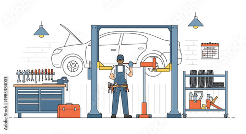 Skilled mechanic performing auto maintenance on a vehicle elevated on a hydraulic lift within a well equipped automotive repair shop with tools and equipment organized for efficient servicing