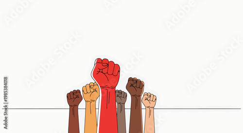 Diverse group of raised fists symbolizing union solidarity and collective strength representing social movements equality and a call for widespread justice and empowerment across all communities