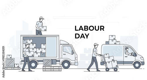 Logistics and delivery workers transport packages with trucks and vans during a holiday celebration of labor illustrating commerce and business operations in freight transportation and shipping