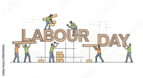 Creative artistic concept depicting construction workers building the words Labour Day representing teamwork dedication and the celebration of workers rights and contributions to industry and
