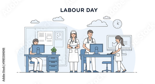Healthcare Workers Celebrate Labour Day Honouring Medical Professionals Dedication and Service in a Modern Clinic Setting Featuring Doctors and Nurses Engaging in Daily Tasks Amidst Hospital
