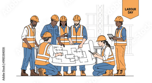 Diverse construction team collaborates on blueprints for a new project showcasing teamwork and planning on a special holiday occasion with safety gear and digital tools utilized for surveying