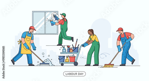 Professional cleaning crew working together to sanitize and tidy a dwelling interior ensuring a healthy living environment for residents with diligent effort and teamwork