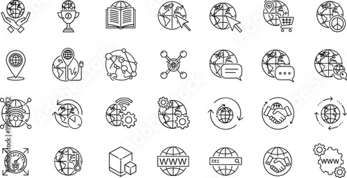 Global network communication line icons set worldwide internet connection globalization outline vector symbols collection
