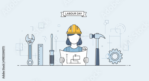 A diligent builder wearing safety headwear reviews construction plans surrounded by essential trade instruments and mechanical components celebrating the spirit of labor and dedicated