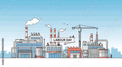 Industrial complex with smokestacks emitting steam against a bright blue sky featuring a banner celebrating Labor Day amidst construction crane activity conveying a scene of productivity and