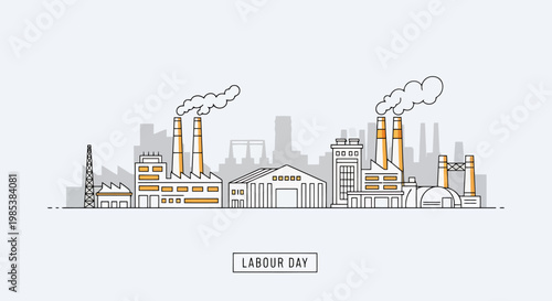 Industrial city skyline with numerous factory buildings and chimneys emitting smoke against a pale sky representing manufacturing and labor concepts with building structures and urban