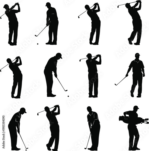 Golf swing sequence silhouettes illustrating the motion of a golfer