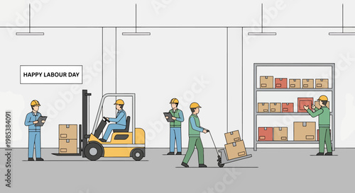 Workers actively engaged in warehouse operations fulfilling orders including forklift use and manual cart transport with boxes stacked on shelves conveying a busy industrial logistics