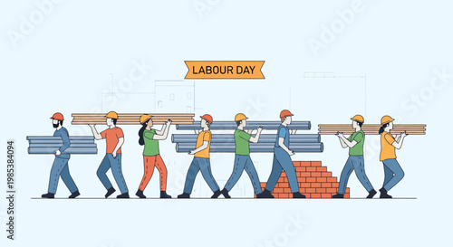 Diverse construction workers in hard hats collaborate carrying building materials symbolizing teamwork and the spirit of labor day celebration with industrial elements and a festive banner
