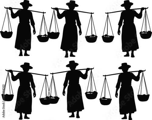 Silhouette of women carrying baskets on yokes repeating pattern