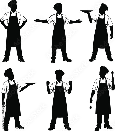 Chef silhouettes diverse poses illustrating culinary roles and actions