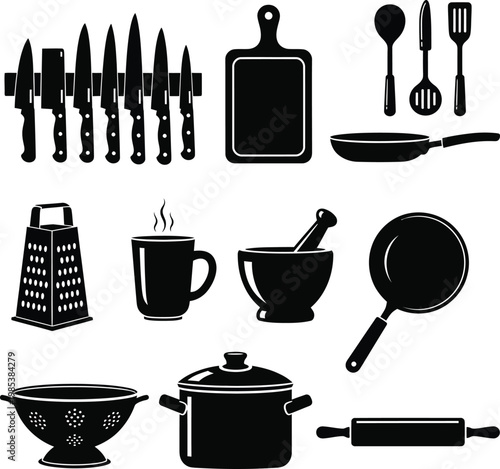 Black silhouette kitchen utensils and cookware collection