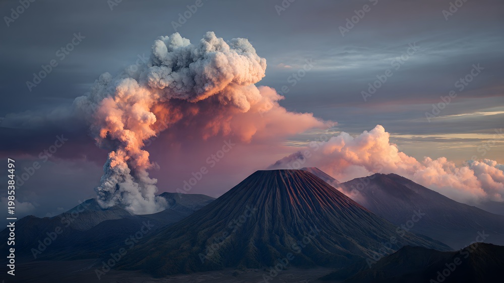 Fototapeta premium Mount Fuji volcano landscape with snow in winter and warm autumn colors under a dramatic sky with clouds and volcanic atmosphere