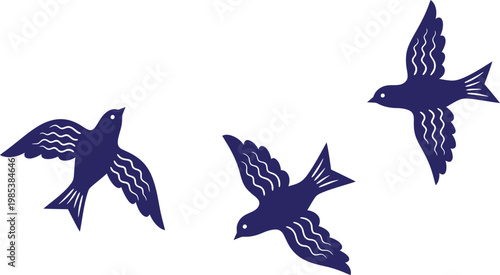 Three dark blue birds in flight minimalist artistic illustration