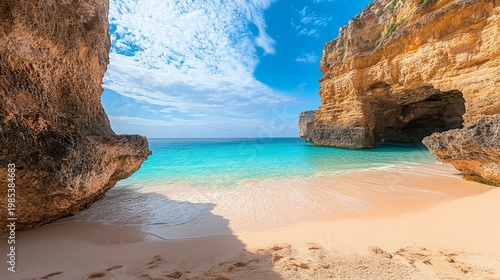 A serene beach scene with large rock formations and turquoise water under a blue sky with clouds