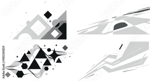 Abstract geometric shapes and lines in black and grey on white background