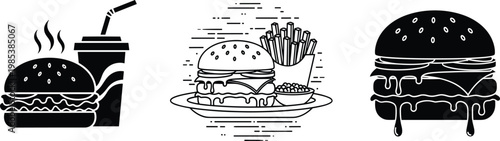 Burger and fast food vector illustration set with soda drink, fries and grilled cheeseburger silhouettes modern black graphic collection