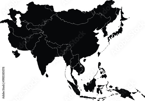 Black silhouette of the continent of asia with continent vector illustration.